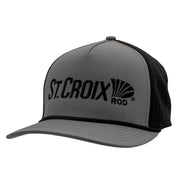 Grey hat with a black back and a black st. croix logo on the front.