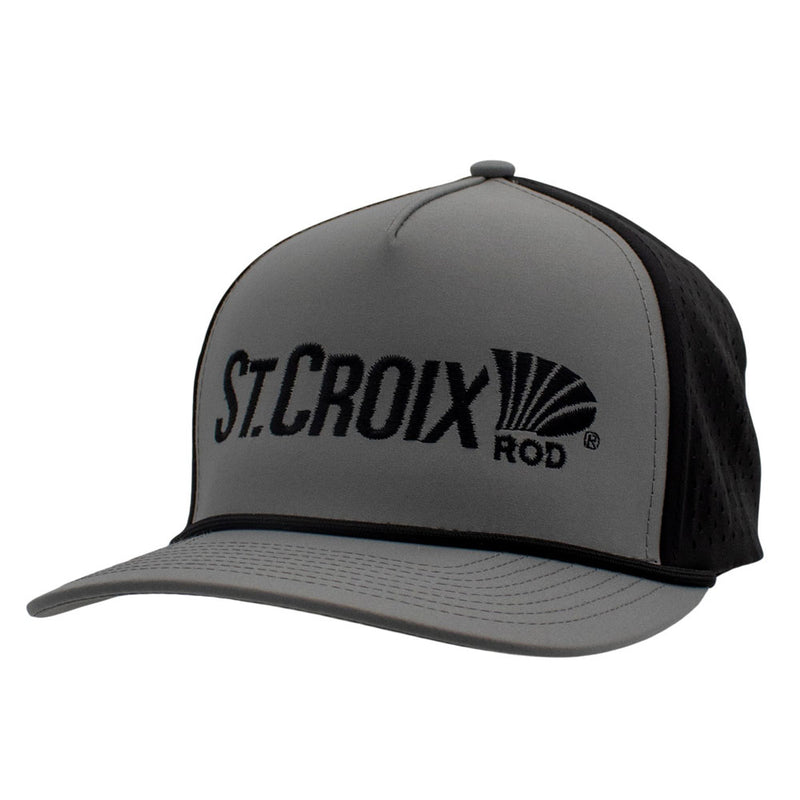 Grey hat with a black back and a black st. croix logo on the front.