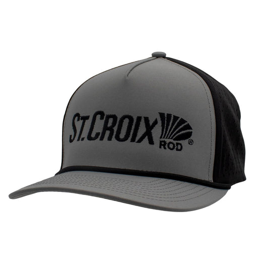 Grey hat with a black back and a black st. croix logo on the front.