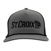 Grey hat with a black rope across the bill and a black st. croix logo on the front.