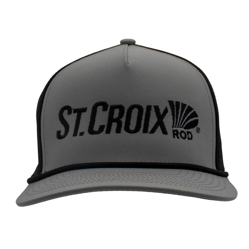 Grey hat with a black rope across the bill and a black st. croix logo on the front.