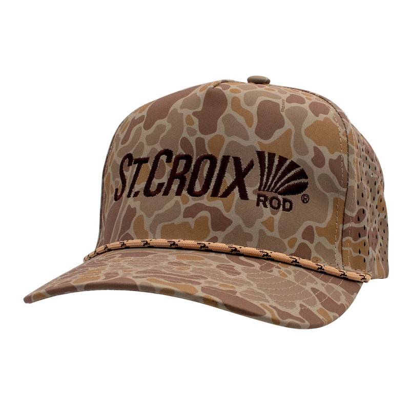 Tan camouflage-patterned cap with a dark brown 'St. Croix Rod' logo on a white background.