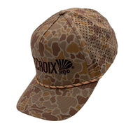 Tan camouflage-patterned cap with a dark brown logo on the front and a rope across the bill.
