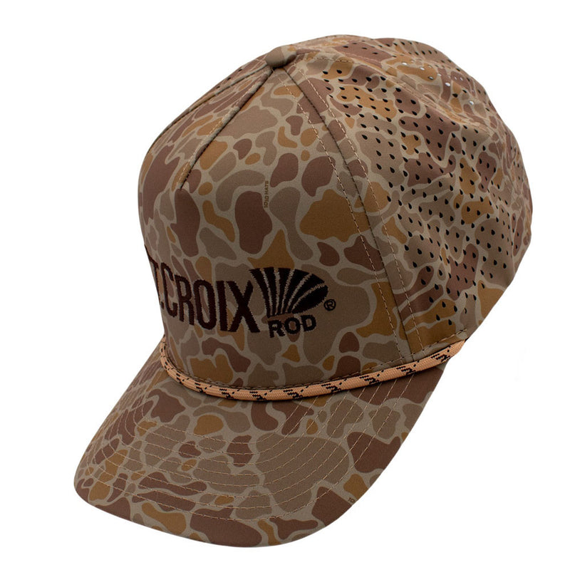 Tan camouflage-patterned cap with a dark brown logo on the front and a rope across the bill.