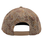 Tan camouflage-patterned cap with perforated back panels and a snap back closure.