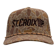 Tan camouflage-patterned cap with a dark brown 'St. Croix Rod' logo and a rope across the bill.