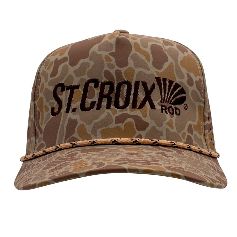 Tan camouflage-patterned cap with a dark brown 'St. Croix Rod' logo and a rope across the bill.