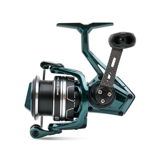 Teal fishing reel on a white background