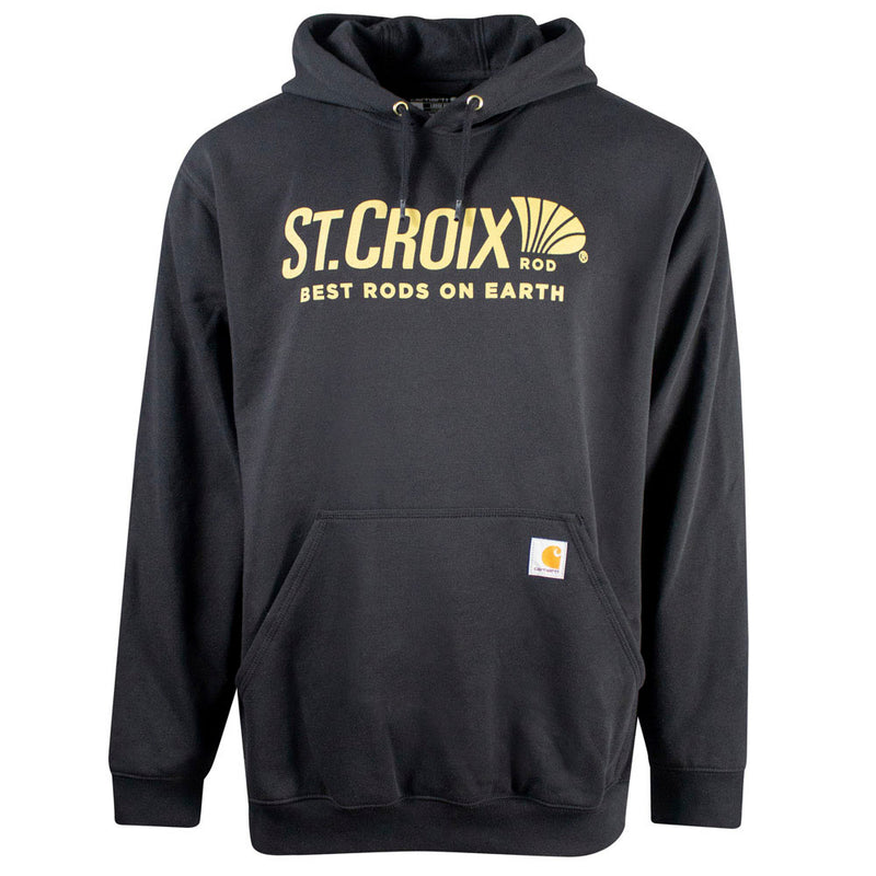 Black hoodie with a gold St. Croix rod logo printed on the chest.