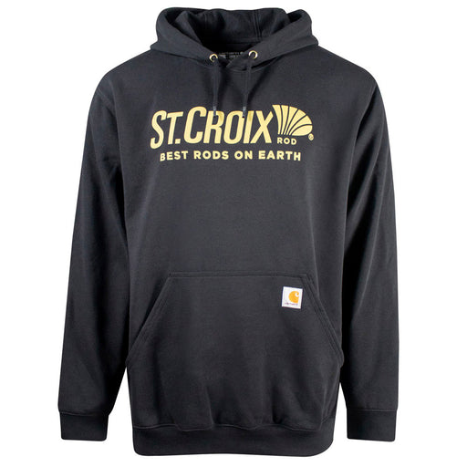 Black hoodie with a gold St. Croix rod logo printed on the chest.