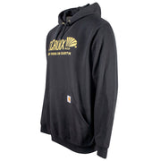 Side of a black hoodie with a gold St. Croix rod logo printed on the chest.