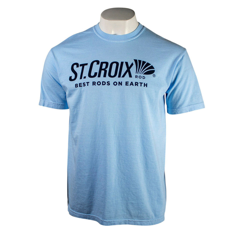Light blue t-shirt with a navy St. Croix Rod logo on the chest.