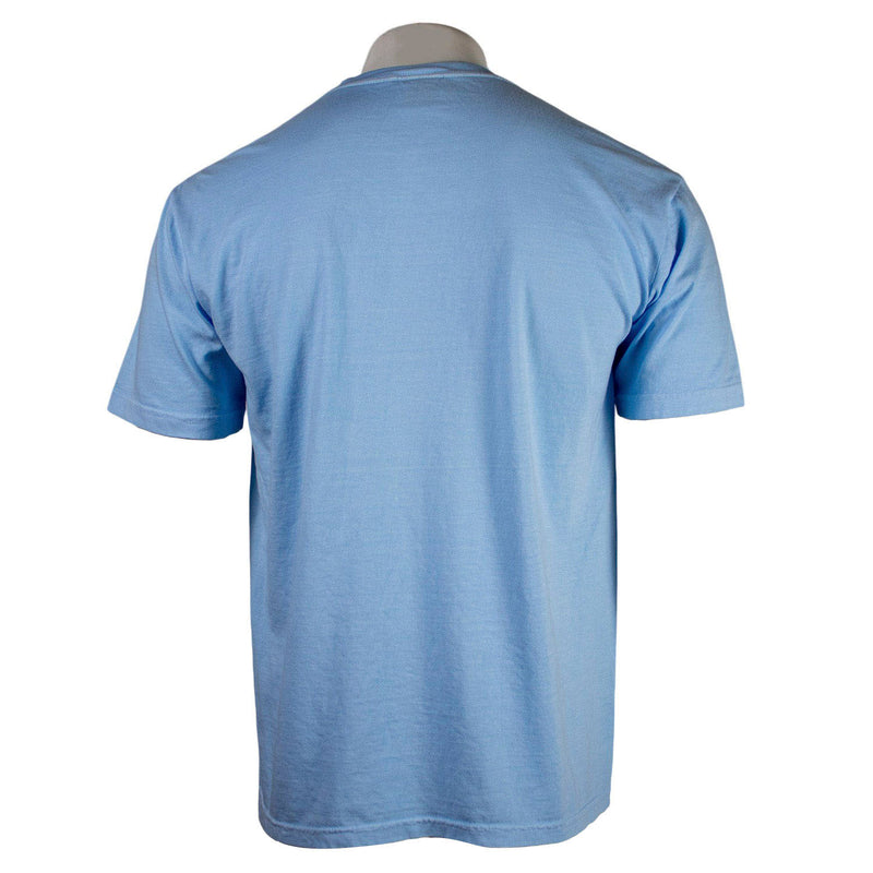 Back of a light blue t-shirt on a mannequin against a white background.