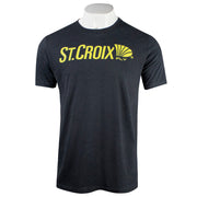 Black t-shirt with yellow 'St. Croix' logo on the chest.