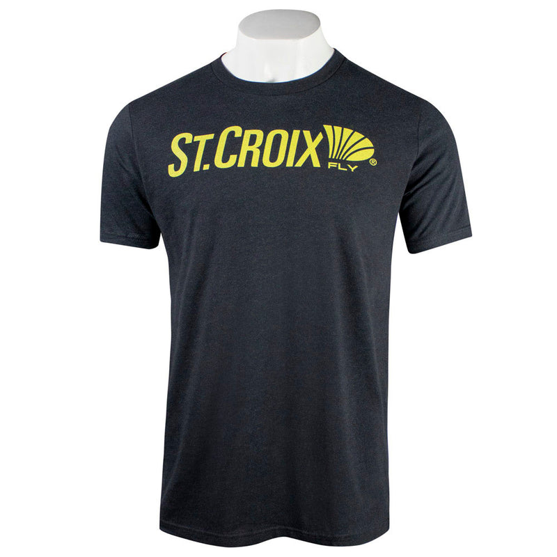 Black t-shirt with yellow 'St. Croix' logo on the chest.