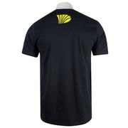 Black t-shirt with a yellow logo on the back below the collar.