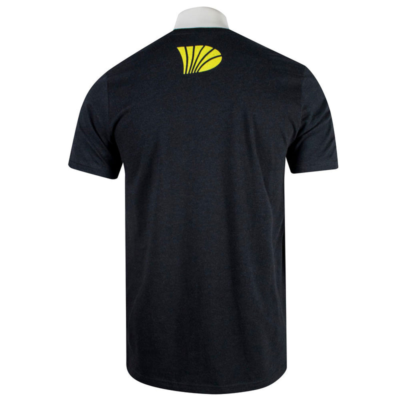 Black t-shirt with a yellow logo on the back below the collar.