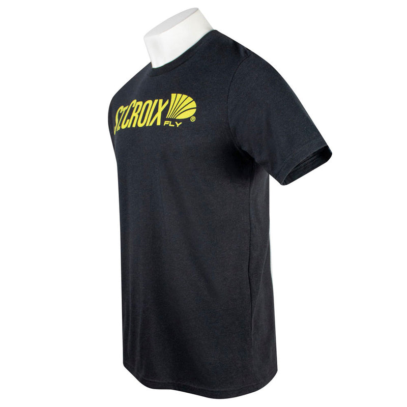 Side of a black t-shirt with yellow 'St. Croix' logo on the chest.
