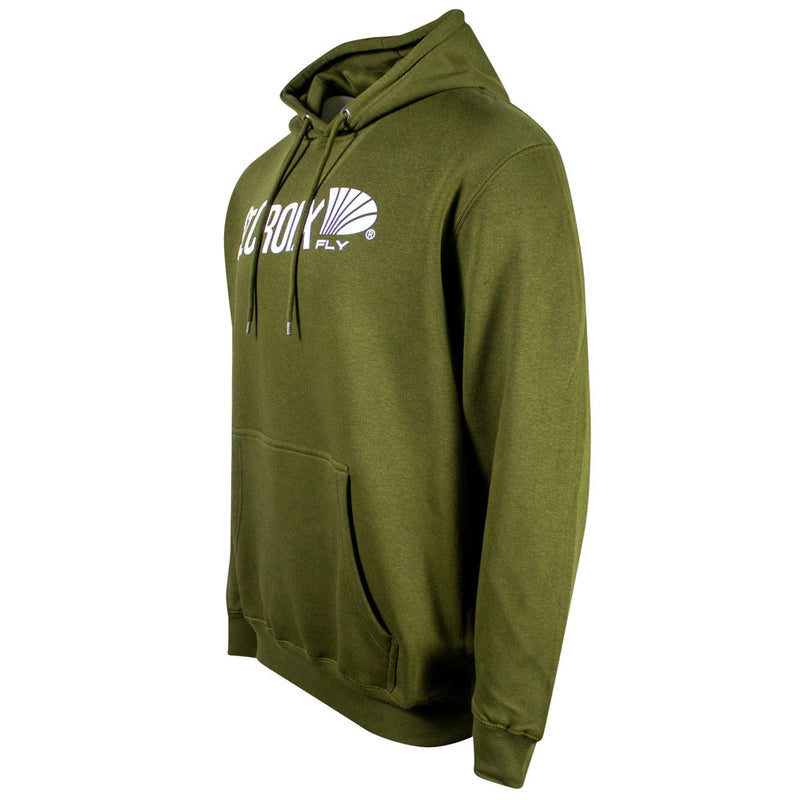 Green hoodie with a logo on the chest against a white background