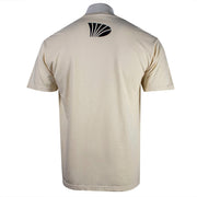 Beige shirt with a brown logo on the back below the collar.