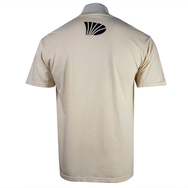 Beige shirt with a brown logo on the back below the collar.