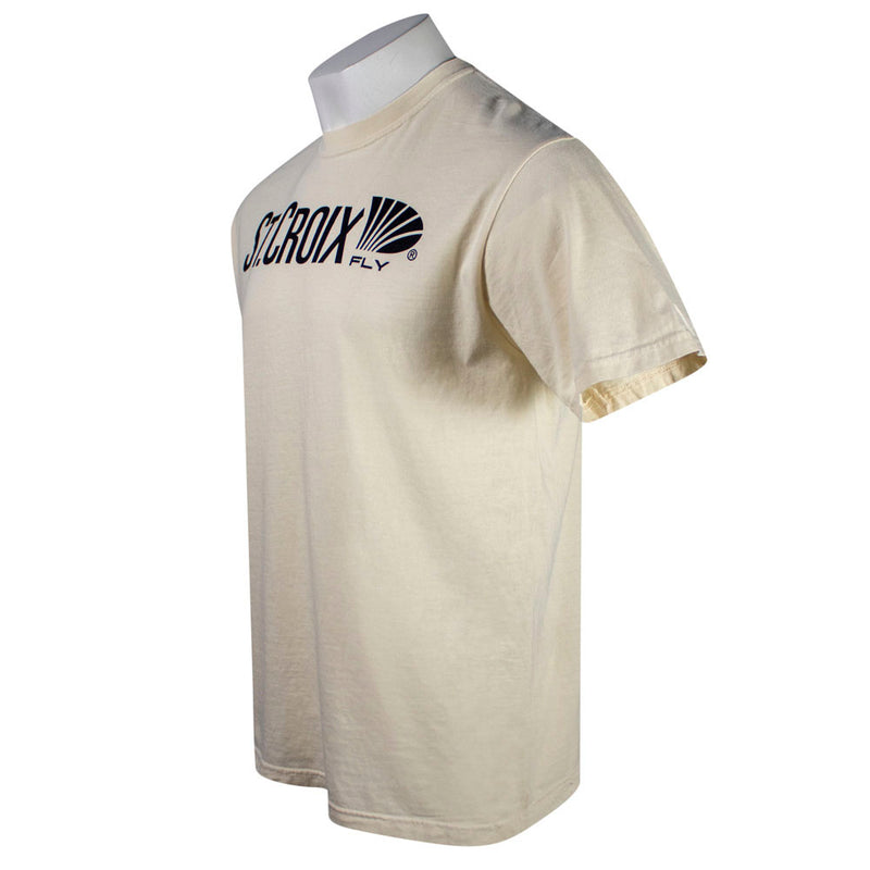 Side of a beige t-shirt with a brown 'St. Croix Fly' logo on the chest.