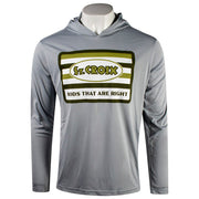 Grey hooded long sleeve with a green square design on the chest containing a st. croix logo and the text "rods that are right" below it.