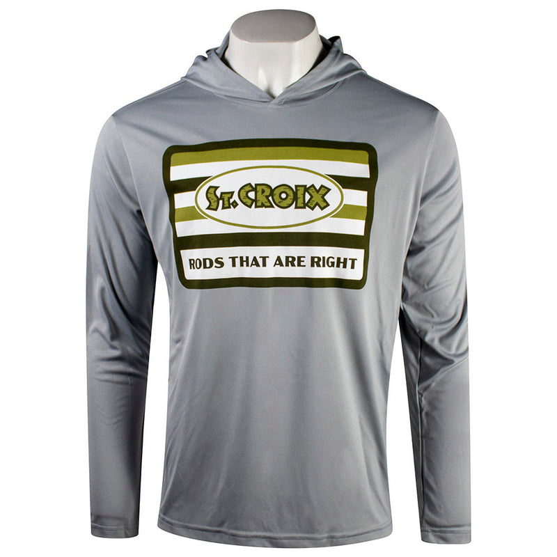 Grey hooded long sleeve with a green square design on the chest containing a st. croix logo and the text "rods that are right" below it.