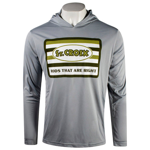Grey hooded long sleeve with a green square design on the chest containing a st. croix logo and the text "rods that are right" below it.