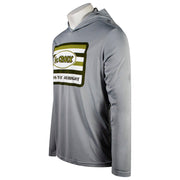 Side of a grey hooded long sleeve with a green chest design.