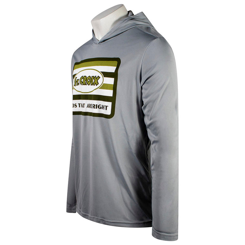 Side of a grey hooded long sleeve with a green chest design.
