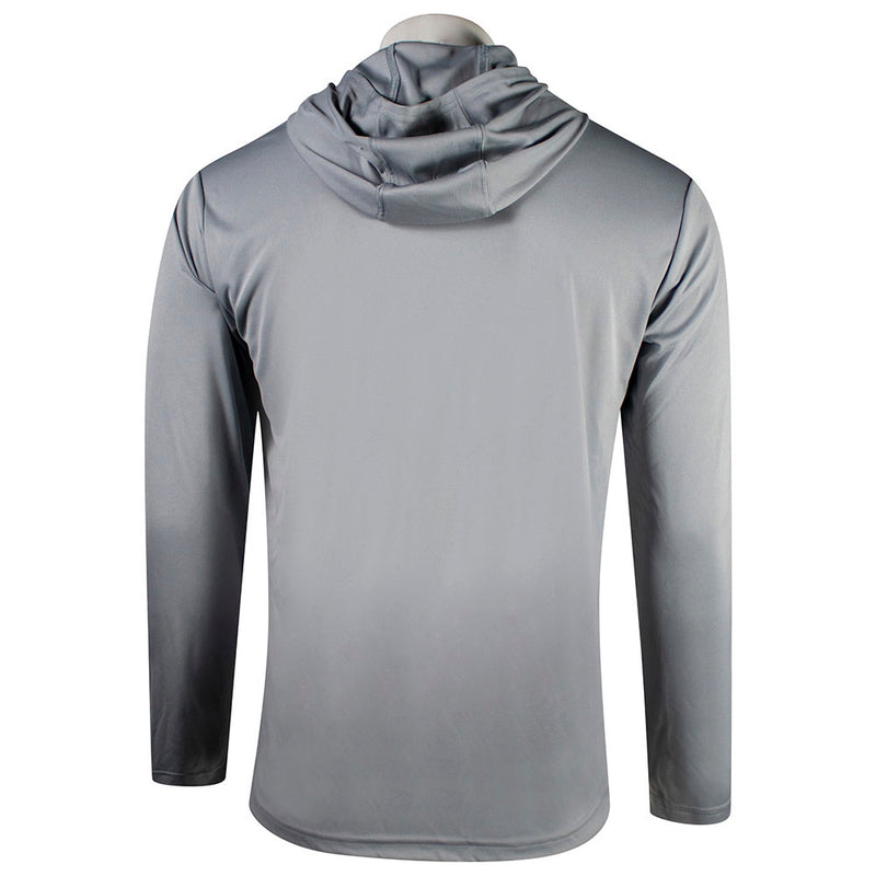 Back of a grey hooded long sleeve.