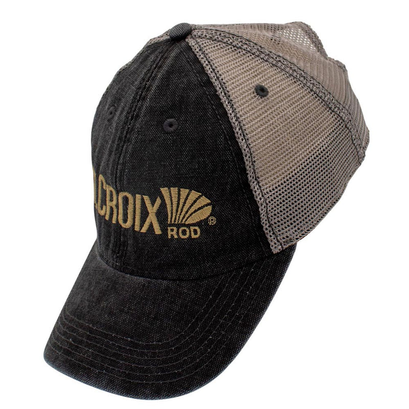 Black and beige cap with a gold St. Croix Rod logo.