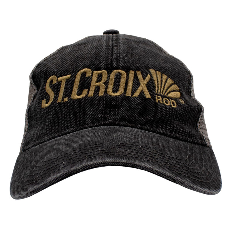 distressed black unstructured cap with a gold 'St. Croix Rod' logo on the front.