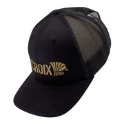 Black cap with mesh back and a gold logo on a white background.