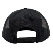 Back of a black mesh cap with a snap back closure.