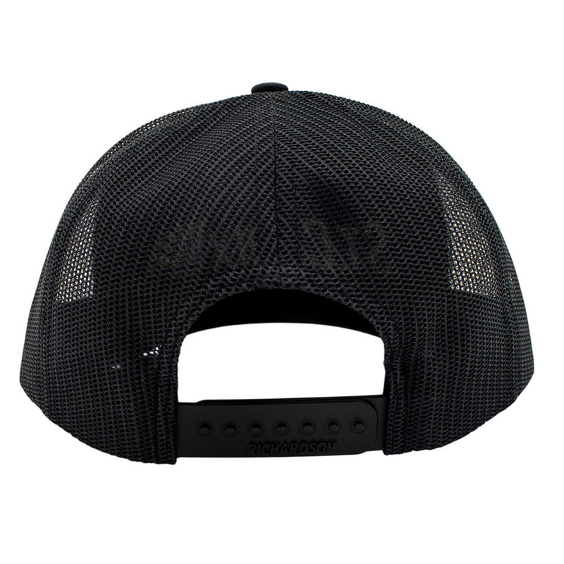 Back of a black mesh cap with a snap back closure.
