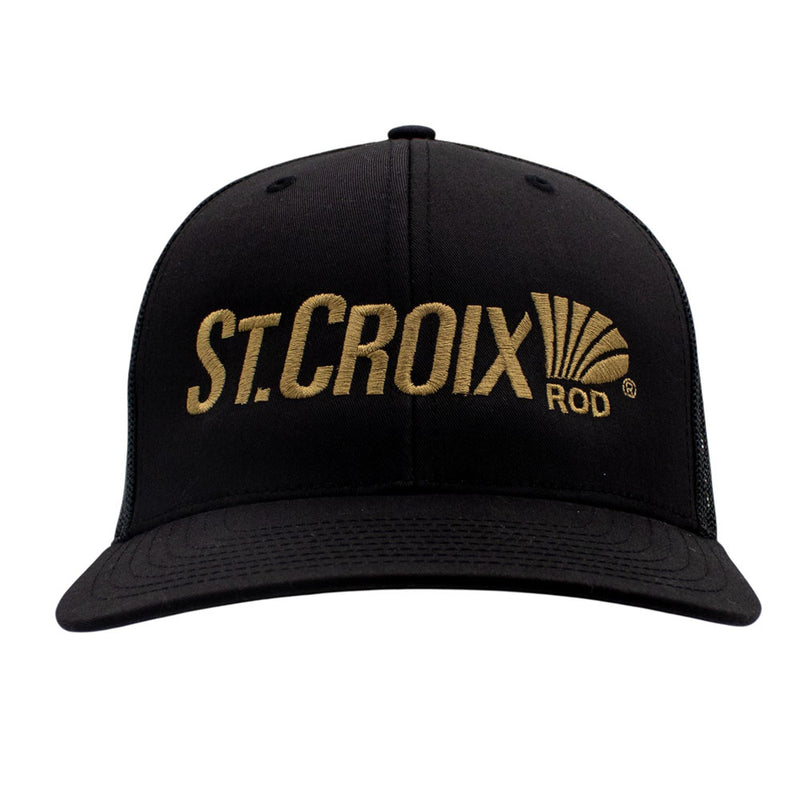 Black cap with a gold 'St. Croix Rod' logo embroidered on the front.