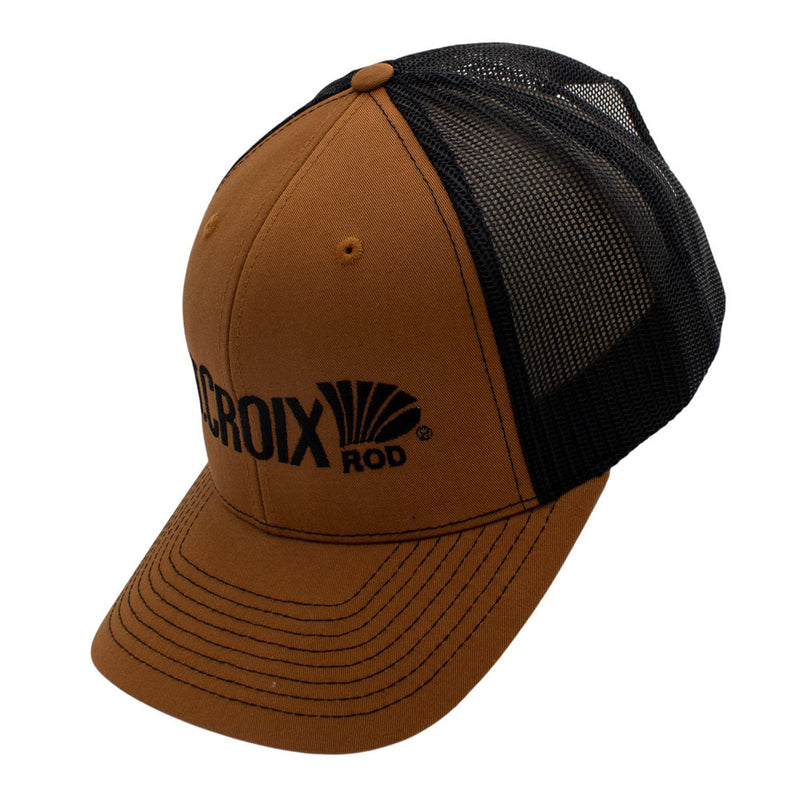 Side of a brown cap with black mesh back and 'St. Croix Rod' logo.