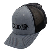 Gray cap with black mesh back and a st. croix logo on the front.