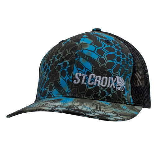 Black and blue kryptek camo patterned cap with 'St. Croix' branding on a white background.