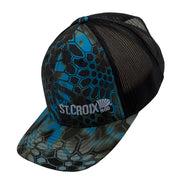 Side of a black and blue kryptek camo patterned cap.
