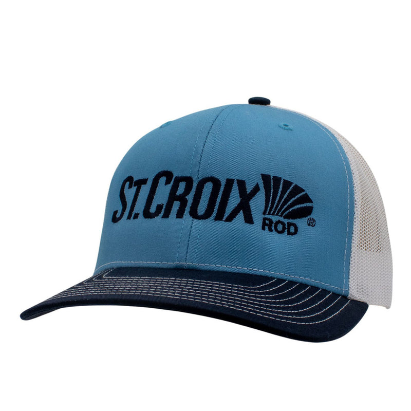 Light blue, dark blue, and white hat with a st. croix logo on the front.