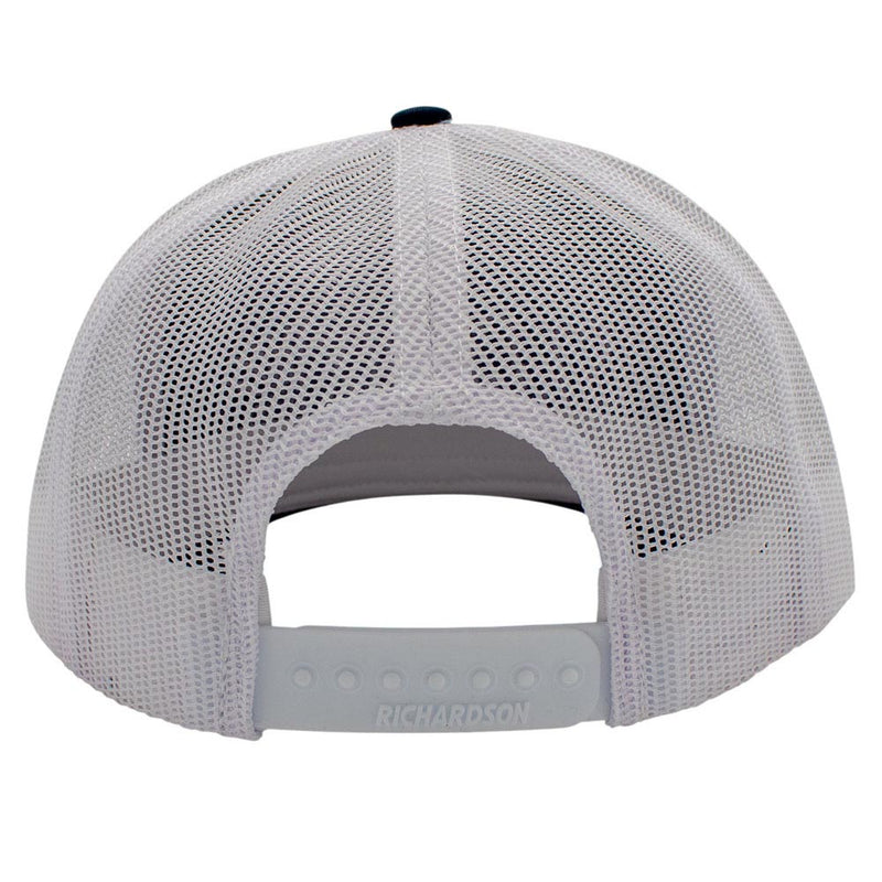 Back view of a white mesh cap with Richardson branding and a snap back closure.