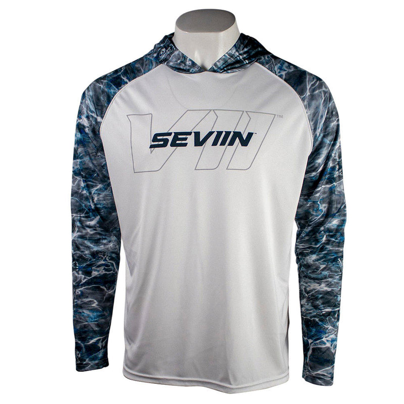 White hooded long sleeve with blue marble patterned sleeves and a 'SEVIIN' logo on the chest.