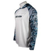 Side of a white hooded long sleeve with blue marble patterned sleeves and a 'SEVIIN' logo on the chest.