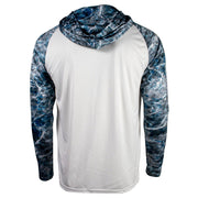 Hooded long sleeve with a white body and blue marbled sleeves on a white background.