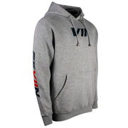 Right side of a light gray hoodie with black and red 'SEVIIN' branding on the sleeves.