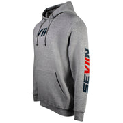 Left side of a light gray hoodie with black and red 'SEVIIN' branding on the sleeves.
