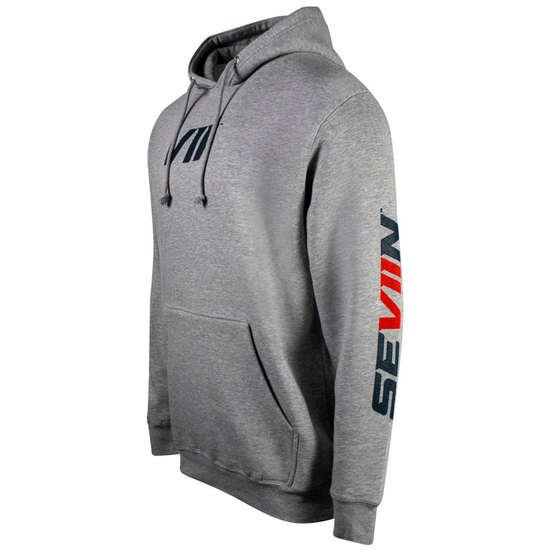 Left side of a light gray hoodie with black and red 'SEVIIN' branding on the sleeves.